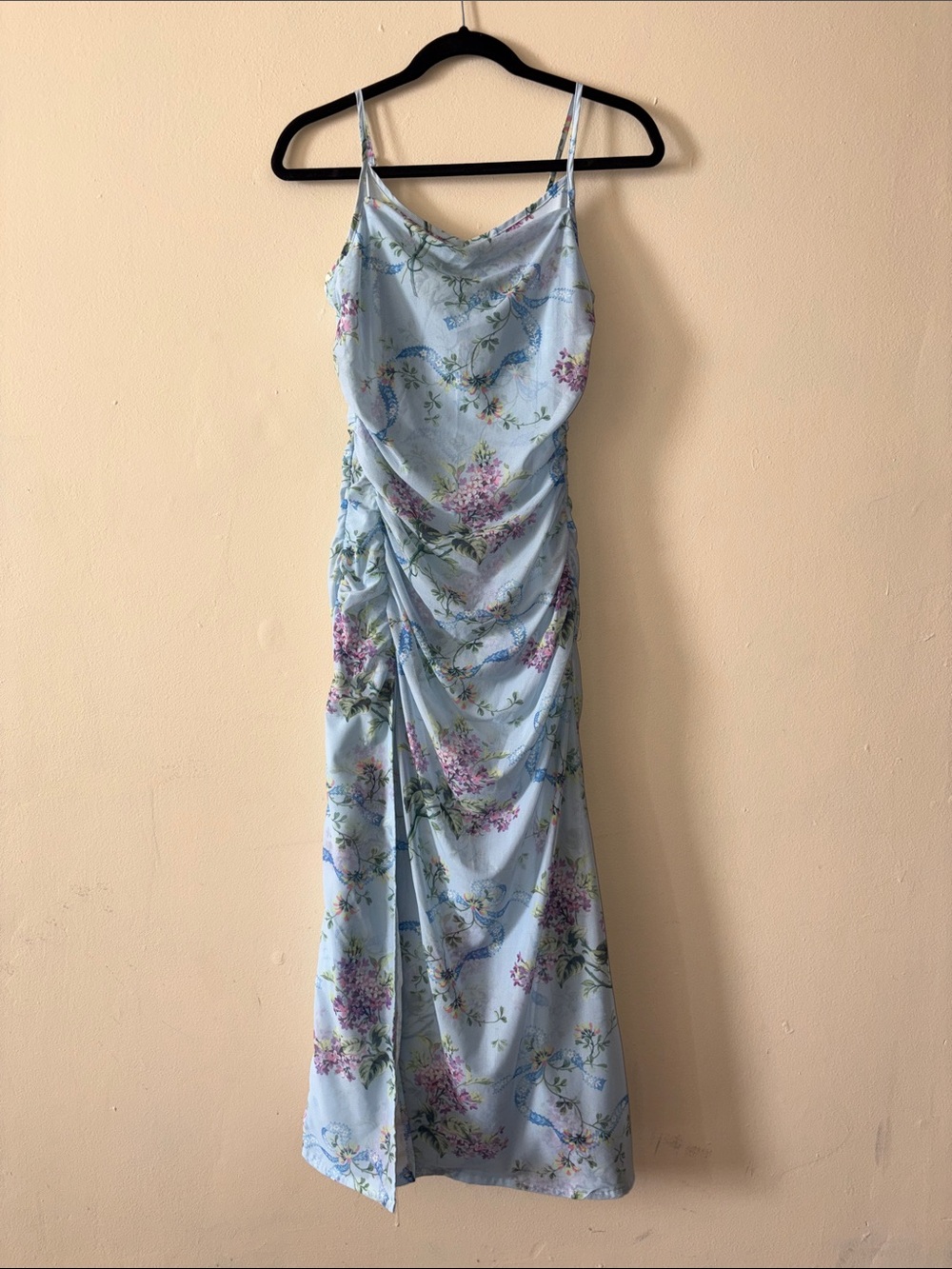 Light Blue Floral Cowl Midi Dress with Ruched Side